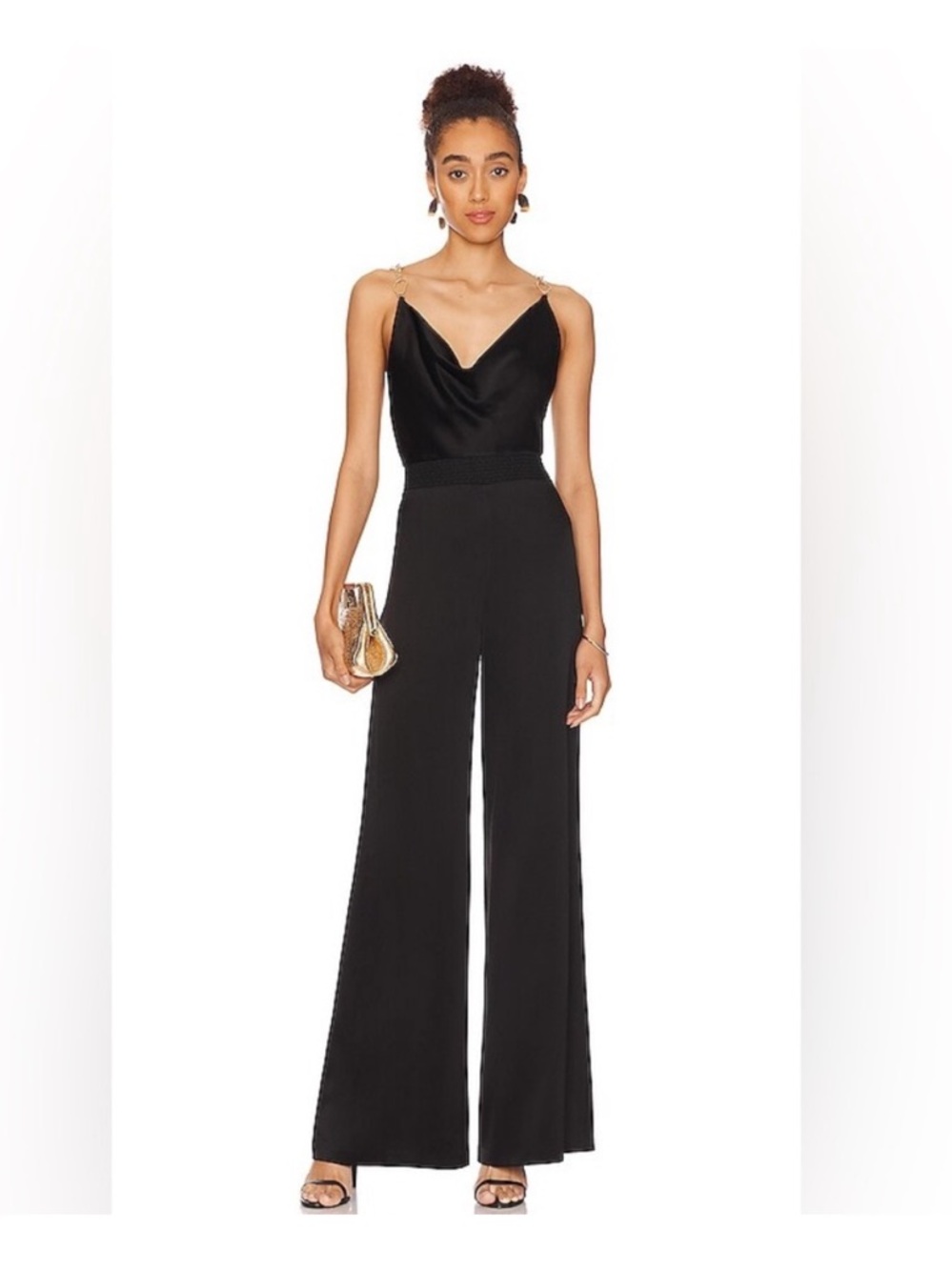 Alice + Olivia Black Cowl-Neck Evening Jumpsuit with Chain Straps size 4